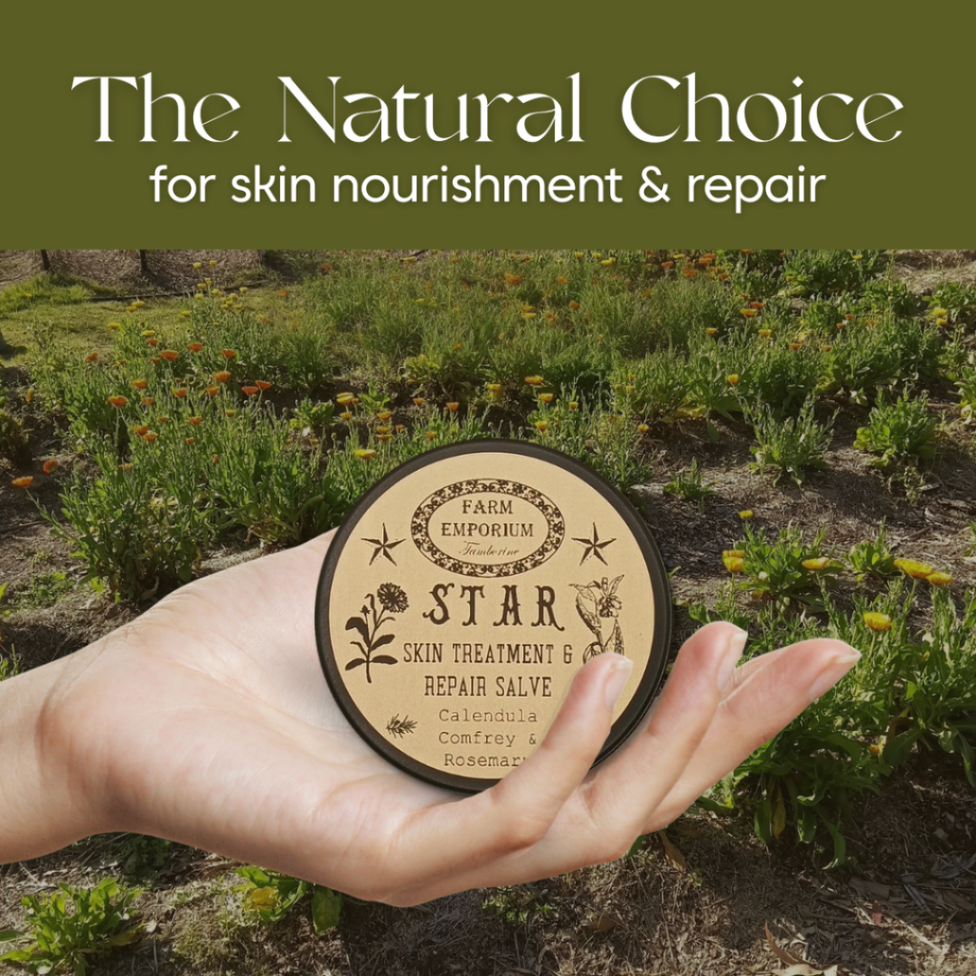 STAR (Skin Treatment & Relief) Salve 90 g Tin–Remedy assisting with skin blemishes, scars, acne, stretch marks, insect bites, burns, wrinkles Natural Vitamin-E with calendula, rosemary & shea butter