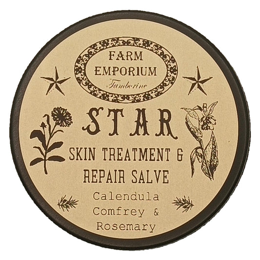 STAR (Skin Treatment & Relief) Salve 90 g Tin–Remedy assisting with skin blemishes, scars, acne, stretch marks, insect bites, burns, wrinkles Natural Vitamin-E with calendula, rosemary & shea butter